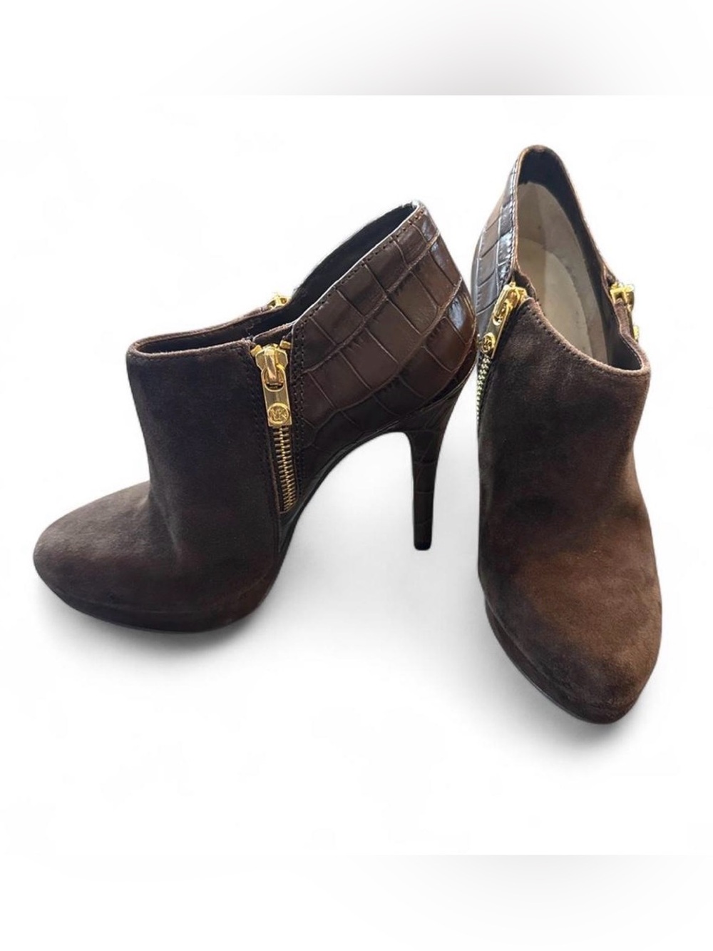 Michael Kors Brown Suede Croc Embossed‎ Gold Zip Booties 5